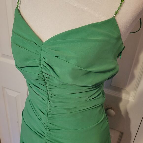Allen Shwarts, 4 | 90s Bodycon Ruched Lime Green Prom Evening Bead Straps Dress - Picture 3 of 7